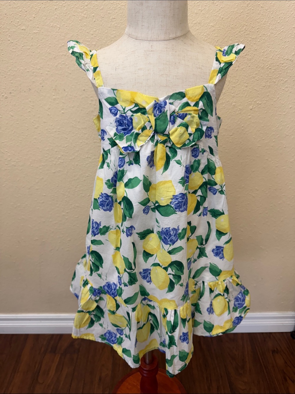 Janie and Jack Lemon & Blue Floral Bow & Flutter Sleeve Girls Sundress Size 4